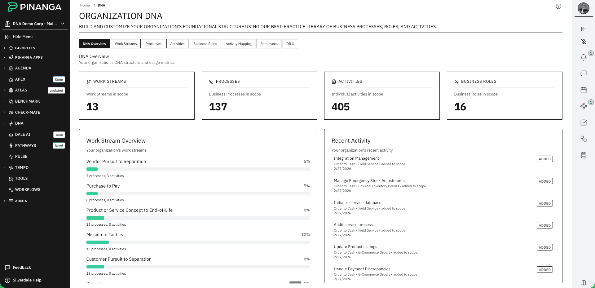 PINANGA platform — DNA module showing operational overview with work streams, processes, and activities